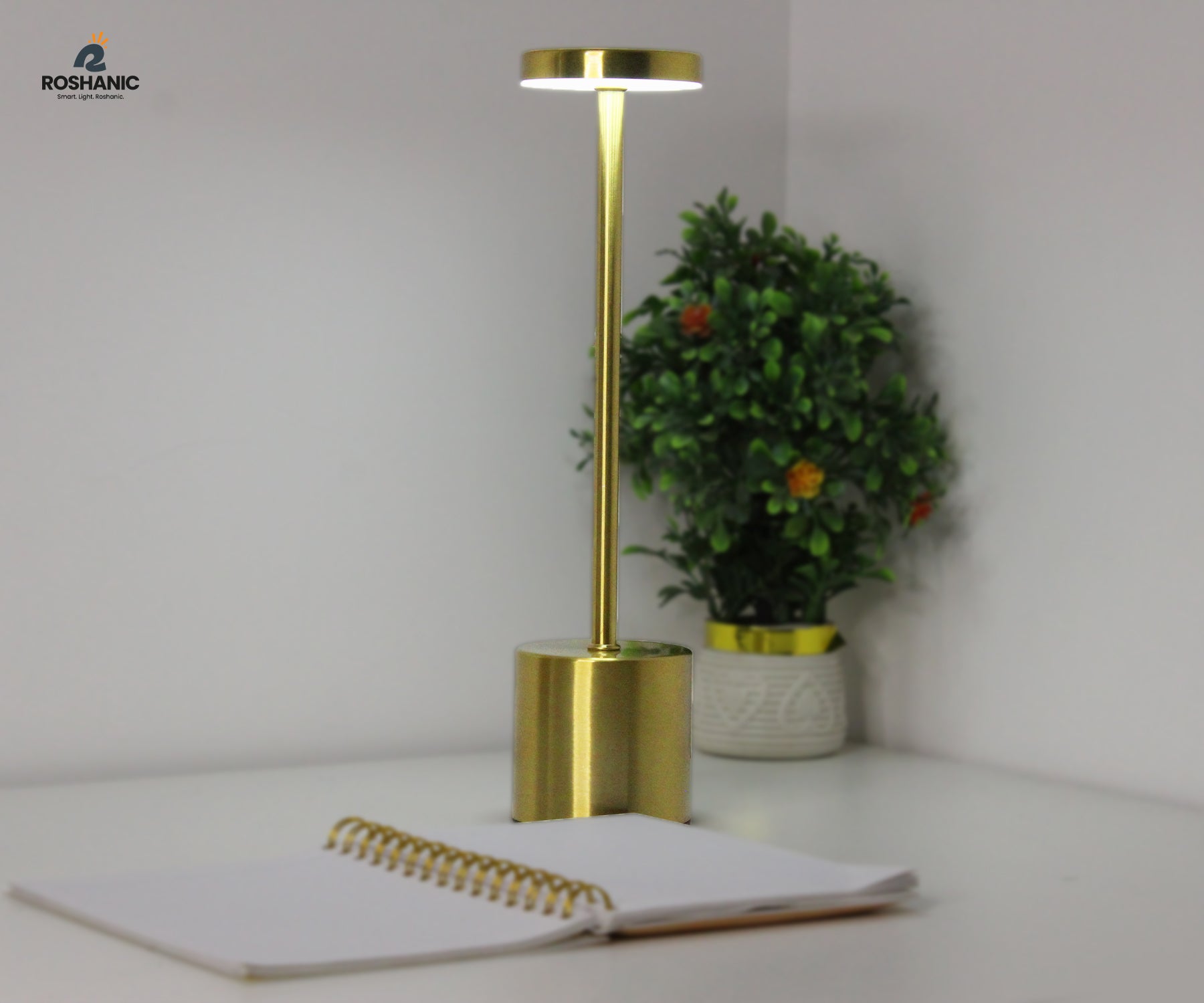 RoshaniC Gold LED Desk Lamp – Touch Dimming, 3-Color, Rechargeable