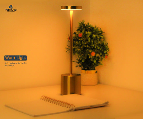 RoshaniC Gold LED Desk Lamp – Touch Dimming, 3-Color, Rechargeable