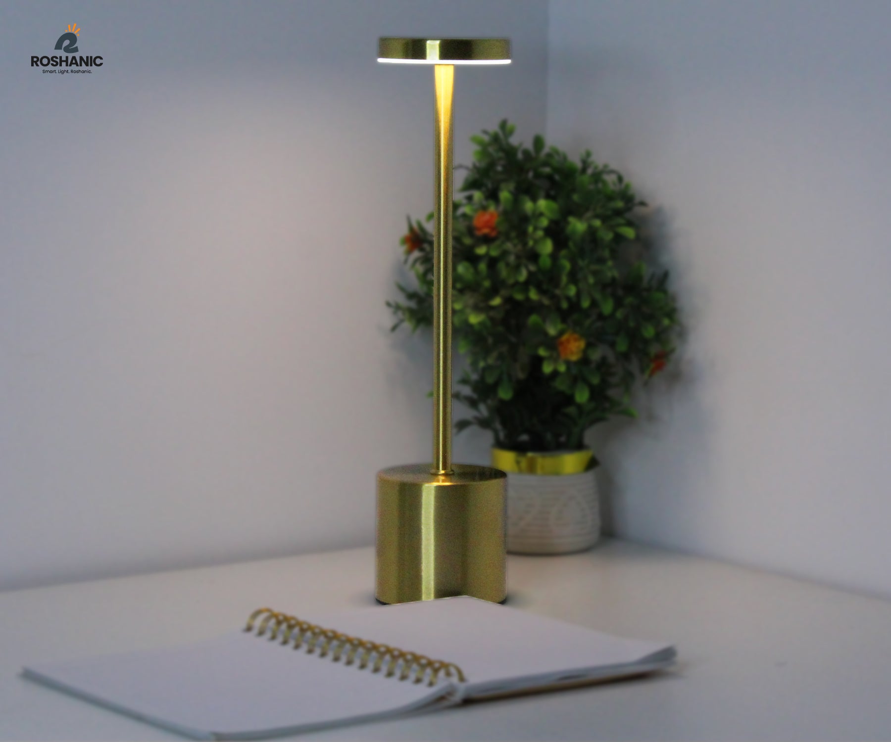RoshaniC Gold LED Desk Lamp – Touch Dimming, 3-Color, Rechargeable