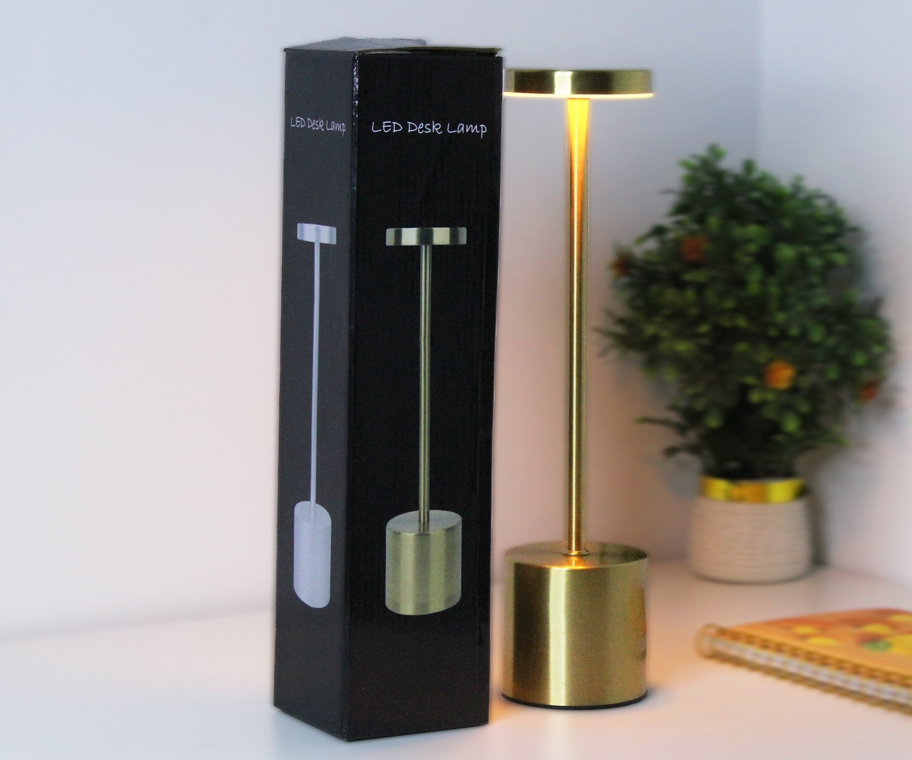 RoshaniC Gold LED Desk Lamp – Touch Dimming, 3-Color, Rechargeable